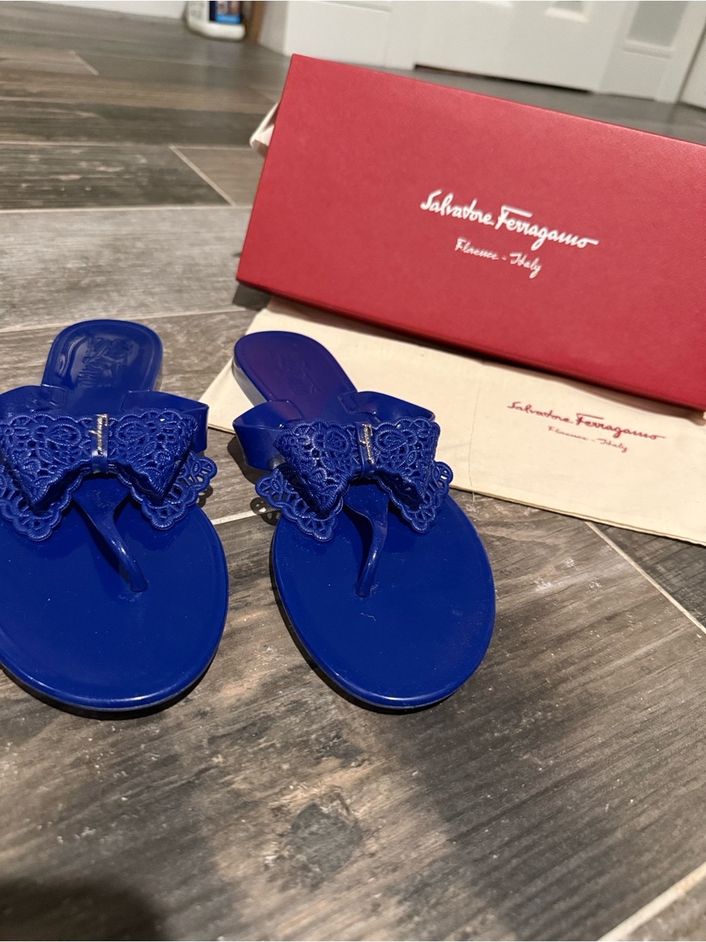 Salvatore Ferragamo Royal Blue Bow Jelly Sandals